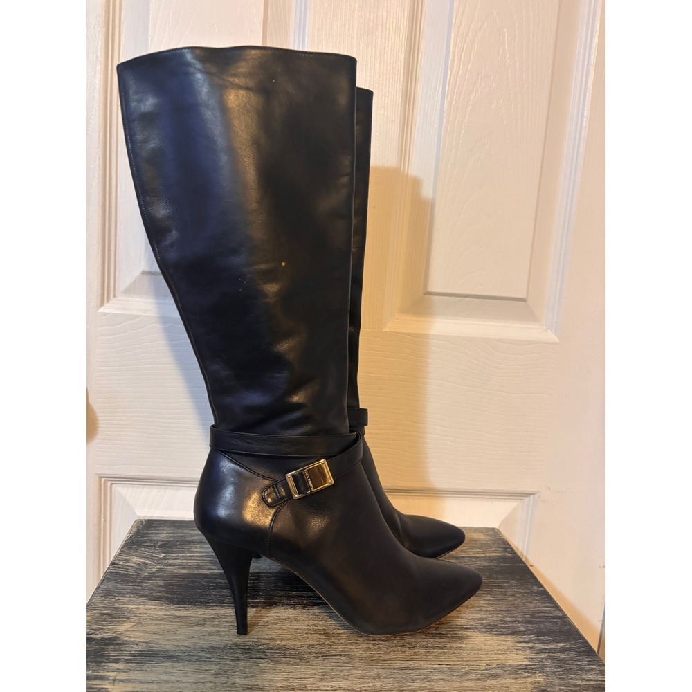 Vince Camuto Black Leather Knee High Stiletto Boots Pointed Toe Size 7M 37